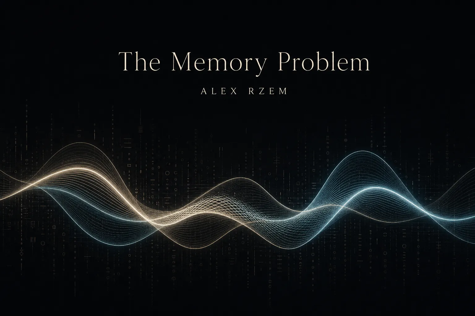 Two delicate luminous waveforms, ivory and pale cyan, cross and interfere on a near-black field scattered with faint abstract instrument-readout glyphs; the interference pattern stands in for memory drift made visible.