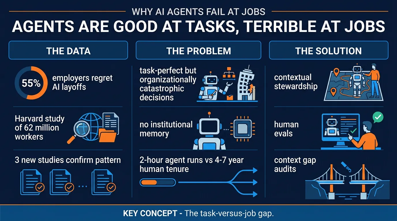 55% of employers regret AI-driven layoffs. The agents are good at tasks and terrible at jobs. Here's what that means…