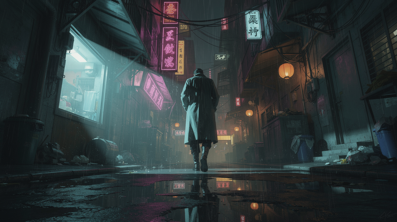 Neon-soaked Sprawl alleyway under sodium lights, painterly editorial mood