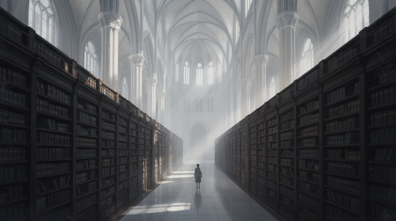 Cathedral-scale archive interior with vaulted shelves of bound institutional records, soft directional light