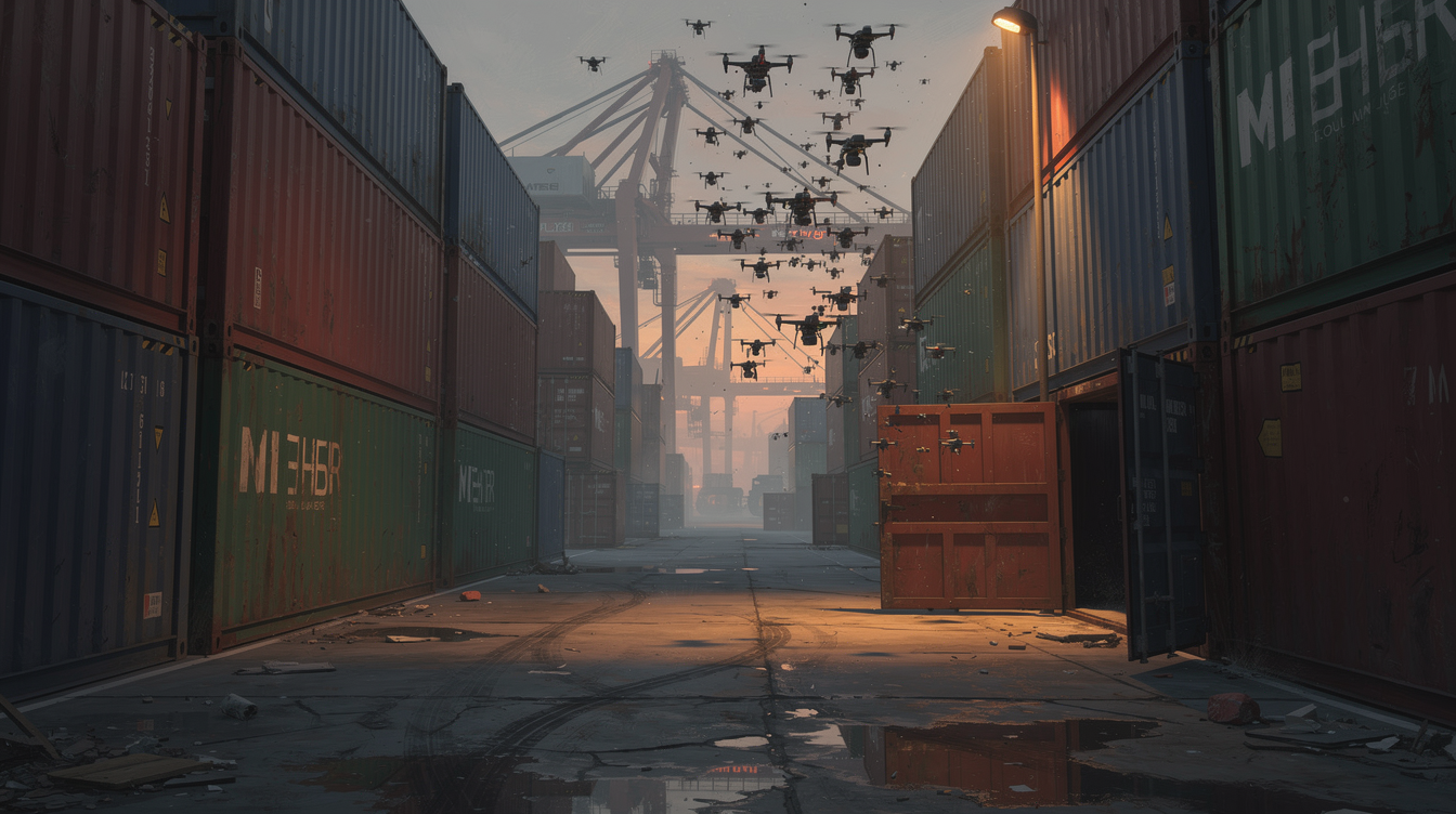 A weaponised quadcopter drone swarm rising from a shipping-container deck under overcast skies