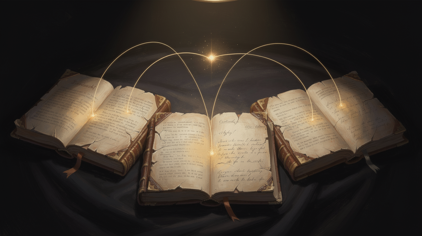Five worn novels arranged on a wooden table beneath a single warm lamp, a quiet still life