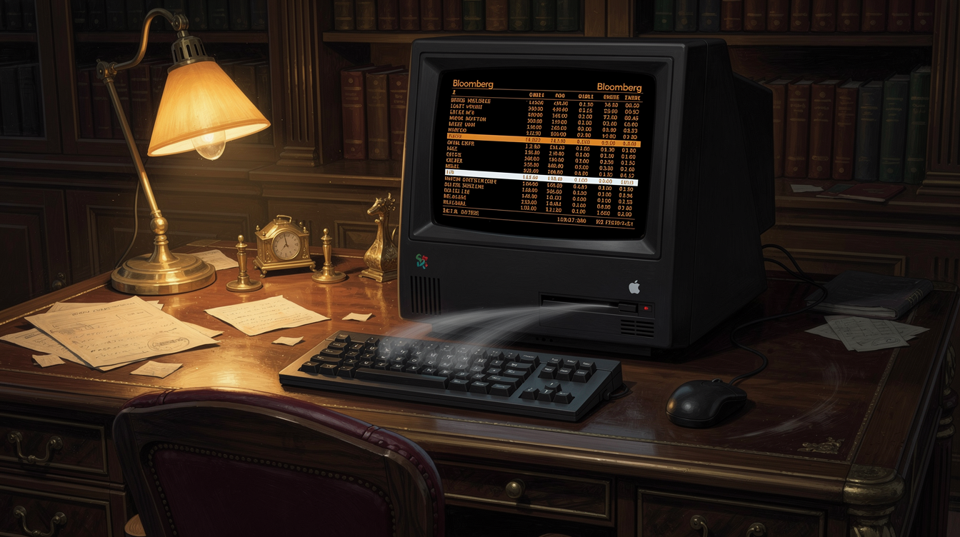A black Apple Macintosh 128K alone on a leather-topped desk, screen glowing amber Bloomberg-terminal text in a warm tungsten study