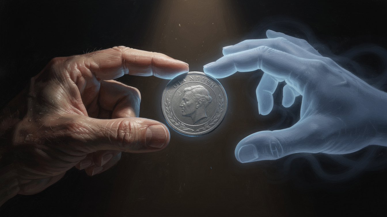 A translucent ethereal hand passing a single gleaming coin across a dark threshold, painterly editorial register