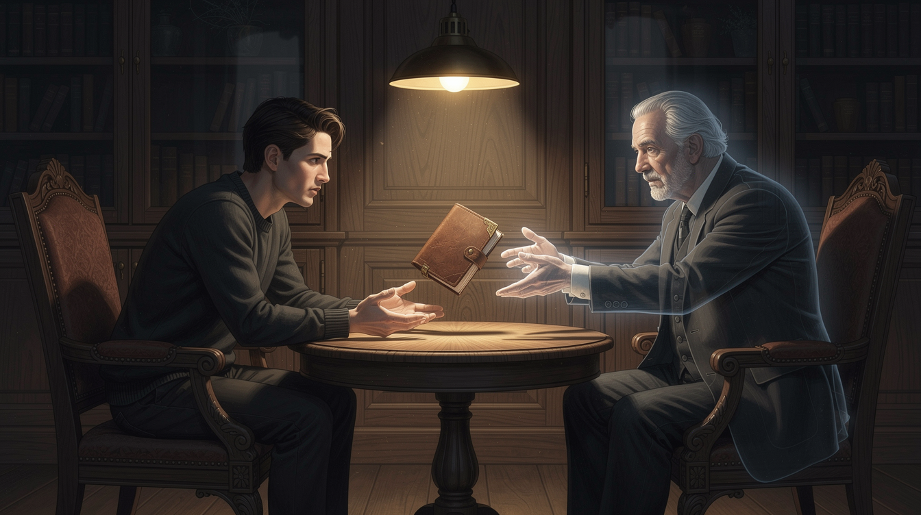 A translucent elder figure offering an heirloom into a younger person's hands across a study table, painterly editorial register