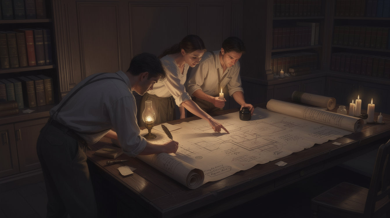 A long table at night with charter pages, a brass lamp, and people drafting a document together