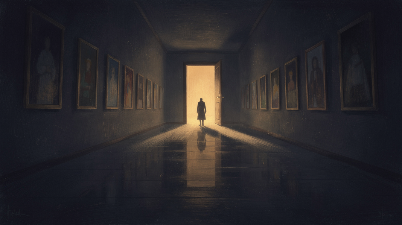 A long corridor leading to a softly lit doorway, painterly mood, the threshold ahead